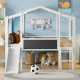 Harper & Bright Designs Kids House Loft Bed with Slide, Twin Size Low Loft Bed with LED Lights & Blackboard, Wood Playhouse Loft Bed with Ladder and Slats Support, for Kids Boys Girls, White Harper & Bright Designs