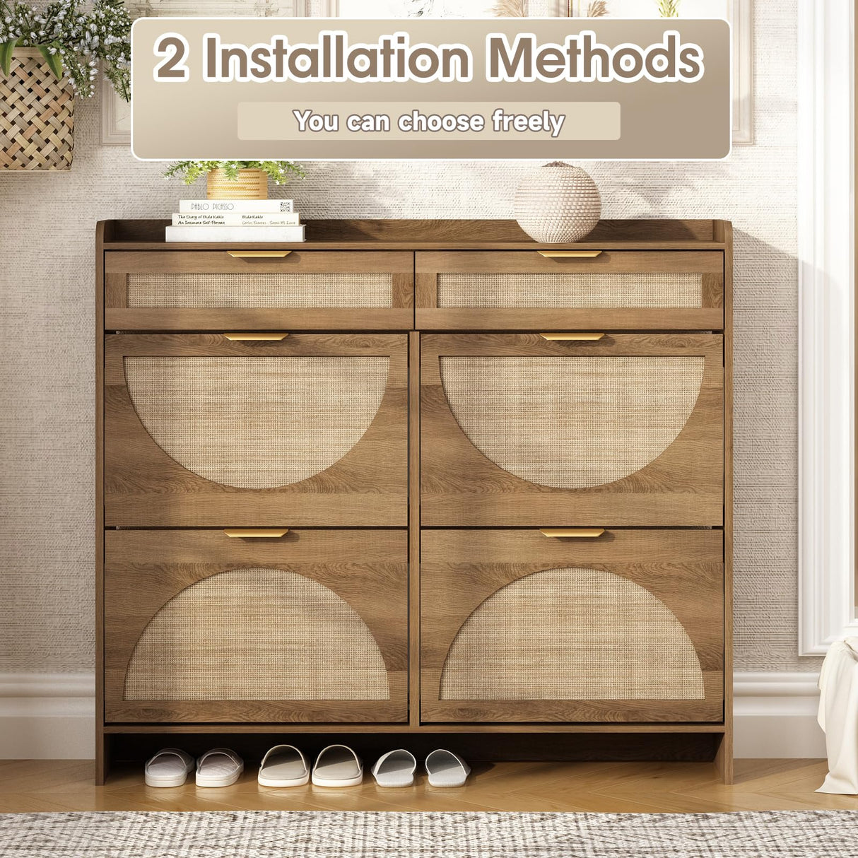 WINWY Rattan Shoe Storage Cabinet with 4 Flip Drawers & 2 Drawers, Freestanding Organizer for Front Door Entrance, Hidden Narrow Shoe Rack Cabinet Storage for Entryway, Rustic Oak Rattan WINWY