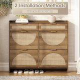 WINWY Rattan Shoe Storage Cabinet with 4 Flip Drawers & 2 Drawers, Freestanding Organizer for Front Door Entrance, Hidden Narrow Shoe Rack Cabinet Storage for Entryway, Rustic Oak Rattan WINWY