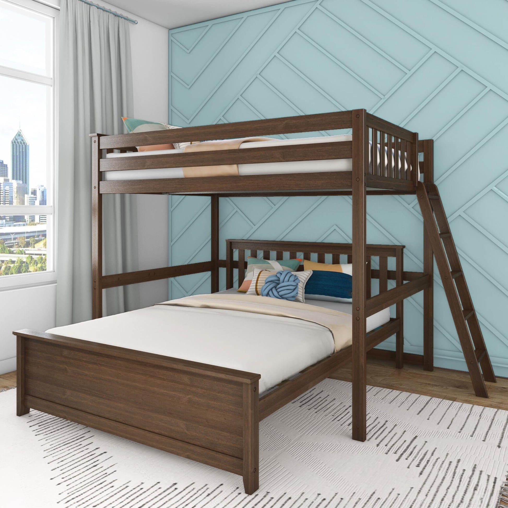 Max & Lily L-Shaped Full-Over-Queen Bunk Bed Frame in Walnut with End Ladder for Kids - WoodArtSupply