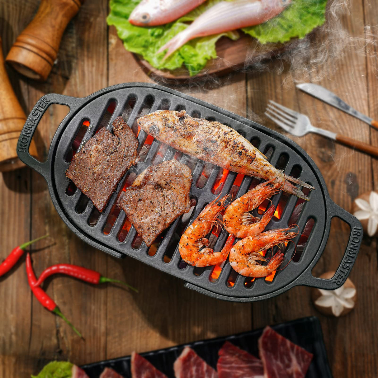 IronMaster Mini 100% Cast Iron Hibachi Grill, Tabletop Small Portable Charcoal Grill for Outdoor Camping, Japanese BBQ Grill Grate Surface 11" x 6.7 " IronMaster