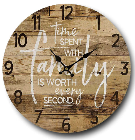 Round Farmhouse Wall Clock - 13 Inch – Decorative Wood Style Quartz Battery Operated Rustic Home Decor Vintage Decoration Retro Design for Living Room Kitchen Bedroom Bathroom Large Numbers Silent QOL TOP