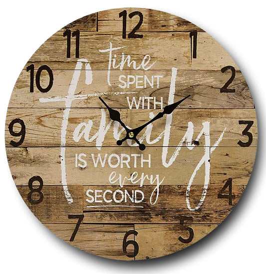 Round Farmhouse Wall Clock - 13 Inch – Decorative Wood Style Quartz Battery Operated Rustic Home Decor Vintage Decoration Retro Design for Living Room Kitchen Bedroom Bathroom Large Numbers Silent