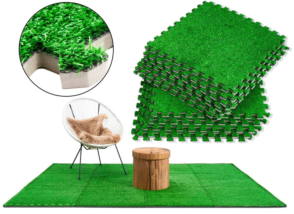Sorbus Grass Foam Floor Tiles - 12 Interlocking Mats of 24"X24” Total of 48 Sq Ft for Kids Outdoor Toys, Playroom, Deck, Patio, Basement Home Gym - Artificial Carpet Grass Turf Indoor Outdoor Flooring Sorbus