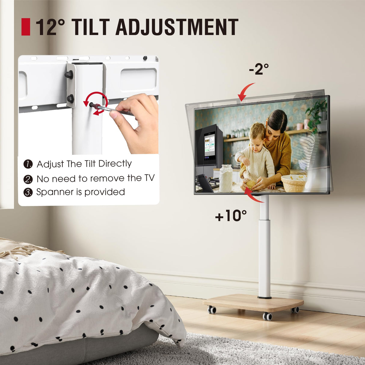 AOKCOS Rolling TV Stand Portable Mobile TV Stand on Wheels for 32-65 Inch TV, 8 Level Height Adjustable, 12°Tilt & 60°Swivel Outdoor TV Stand, Holds up to 88Lbs,White AOKCOS