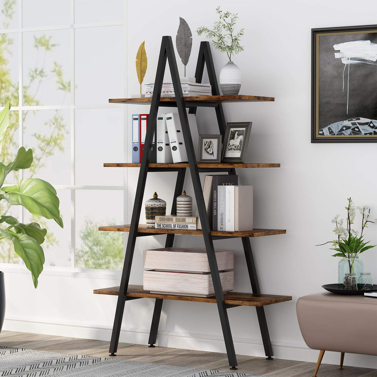 Tribesigns Industrial A-Shaped 4-Tier Bookshelf with Open Display Shelves for Home and Office Tribesigns