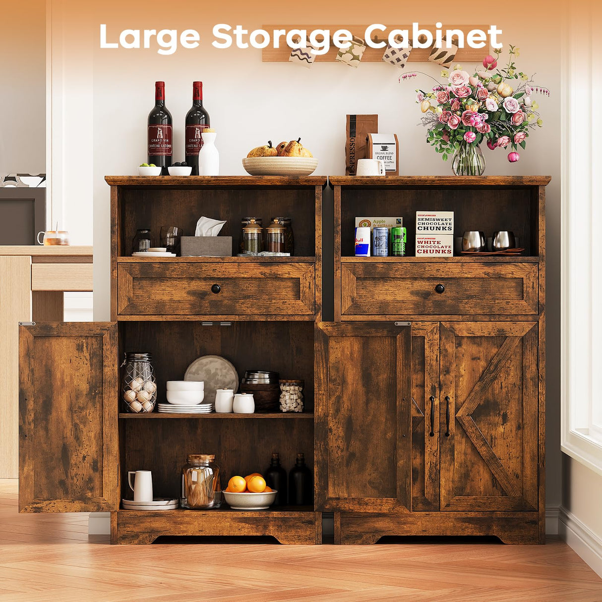 Viroformo Floor Cabinet, Farmhouse Storage Cabinet with Barn Doors and Drawer, 11.81" D x 23.62" W x 39.37" H Rustic Brown Freestanding Adjustable Shelf Organizer for Bathroom, Kitchen, Living Room Viroformo