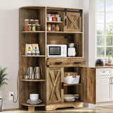 DWVO 67.3" Farmhouse Kitchen Pantry, Storage Cabinet Baker Rack with Power Outlet, Freestanding Hutch with Barn Door & Drawer, Buffet Sideboard with Microwave Stand for Dining Room, Rustic Brown DWVO