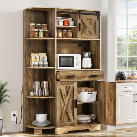 DWVO 67.3" Farmhouse Kitchen Pantry, Storage Cabinet Baker Rack with Power Outlet, Freestanding Hutch with Barn Door & Drawer, Buffet Sideboard with Microwave Stand for Dining Room, Rustic Brown DWVO