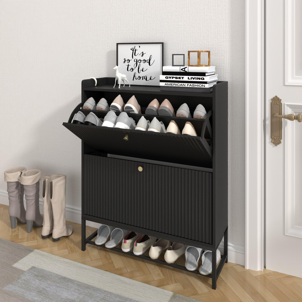 Fluted Shoe Cabinet with 2 Flip Drawers, Modern Slim Shoe Storage Organizer, Narrow Entryway Shoe Rack, Wooden Shoe Cabinet with Metal Legs for Heels, Boots, Slippers in Entrance, Black RARZOE