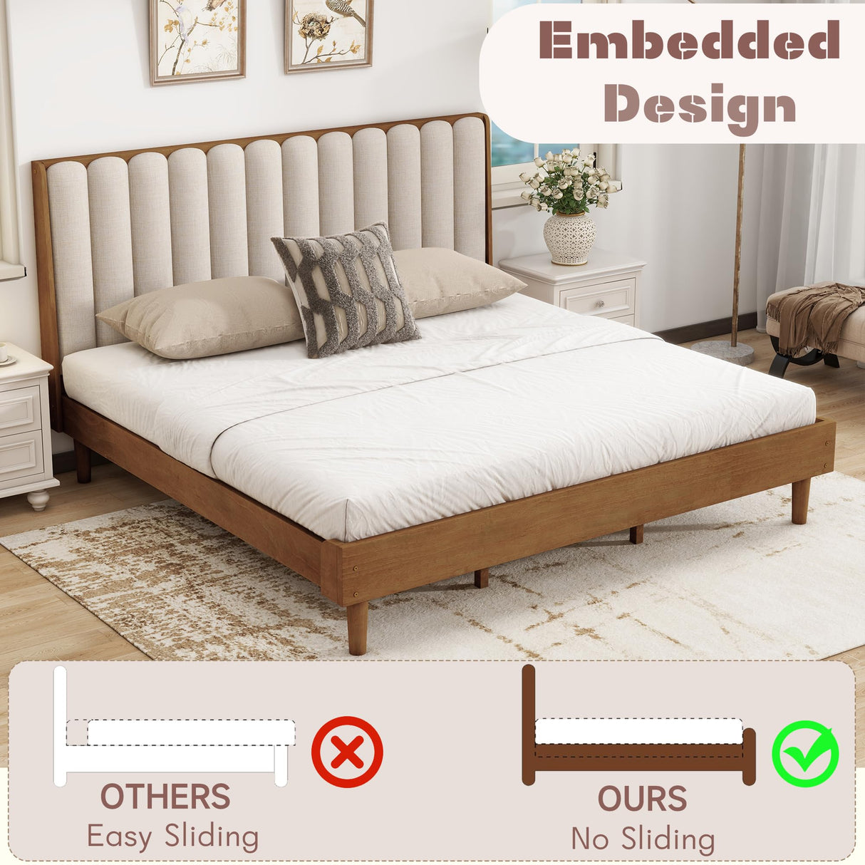 Mirightone Wood King Size Bed Frame,Tall Upholstered Tufted Headboard, Platform Bed King with Solid Rubber Wood Legs, Modern Style - No Box Spring Needed, Walnuts with Beige Mirightone