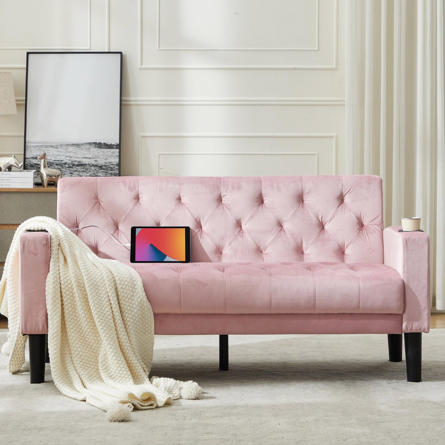 TYBOATLE 62" W Loveseat Sofa w/ 2 USB Charger Ports and 2 Cupholders, Mid-Century Modern Tufted Linen Fabric Small Love Seat Couches for Compact Living Room, Bedroom, Apartment, Dorm (Pink)