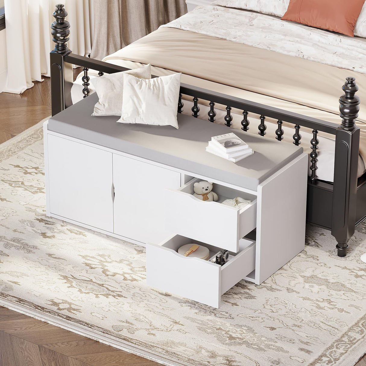 LVB Storage Entryway Bench, Long Shoe Bench with Drawers Storage Shelf, Modern Entry Way Bench with Padded Cushioned Seating, Wood Shoe Rack Bench for Foyer Entrance Living Bedroom, White Oak, 40in LVB