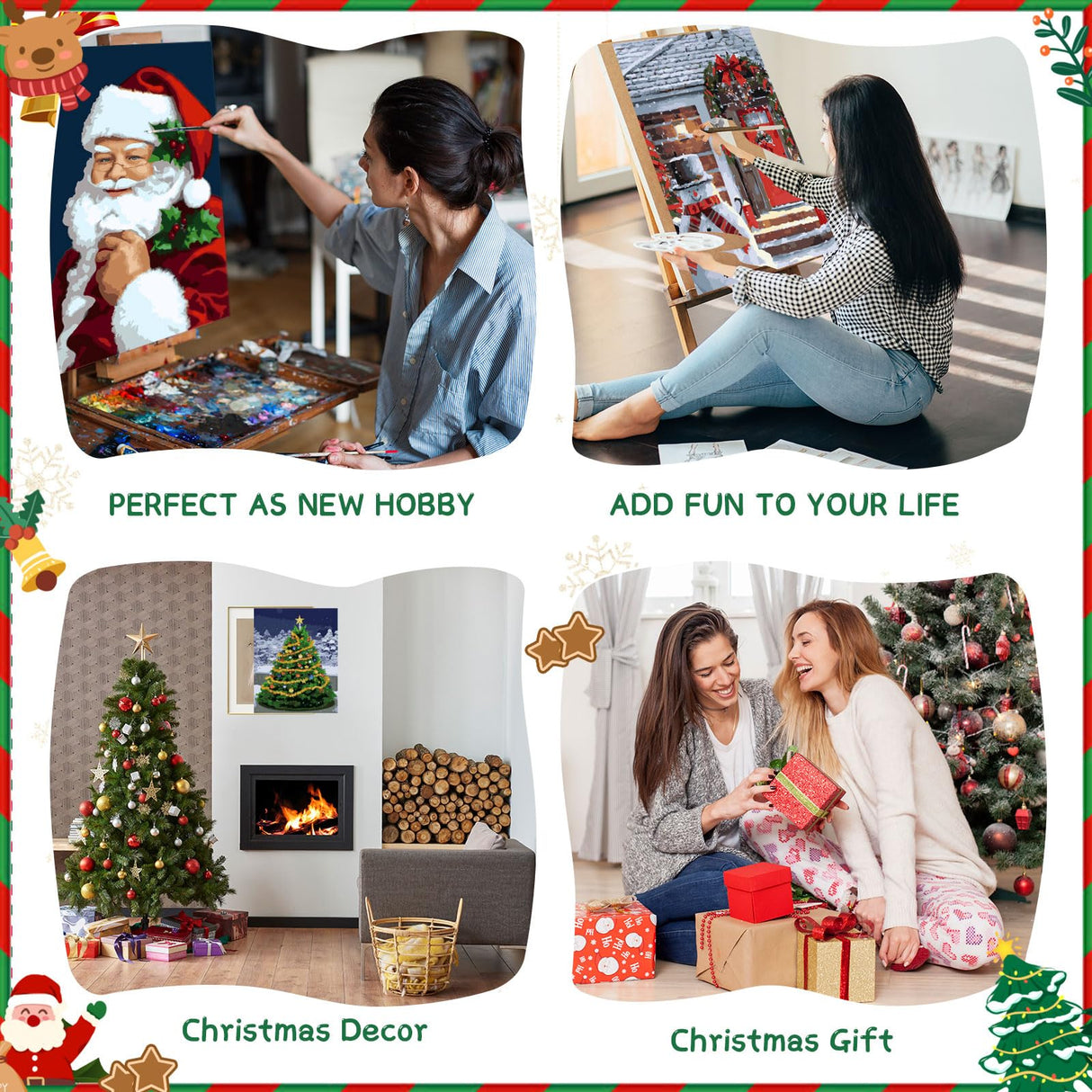 Ninonly Christmas Paint by Numbers Kit, 4 Pack Framed Adults' Paint-by-Number Kits Crafts for Adults Beginner with Wooden Easel, Brushes, Acrylic Painting, 9 * 12 Inch Ninonly