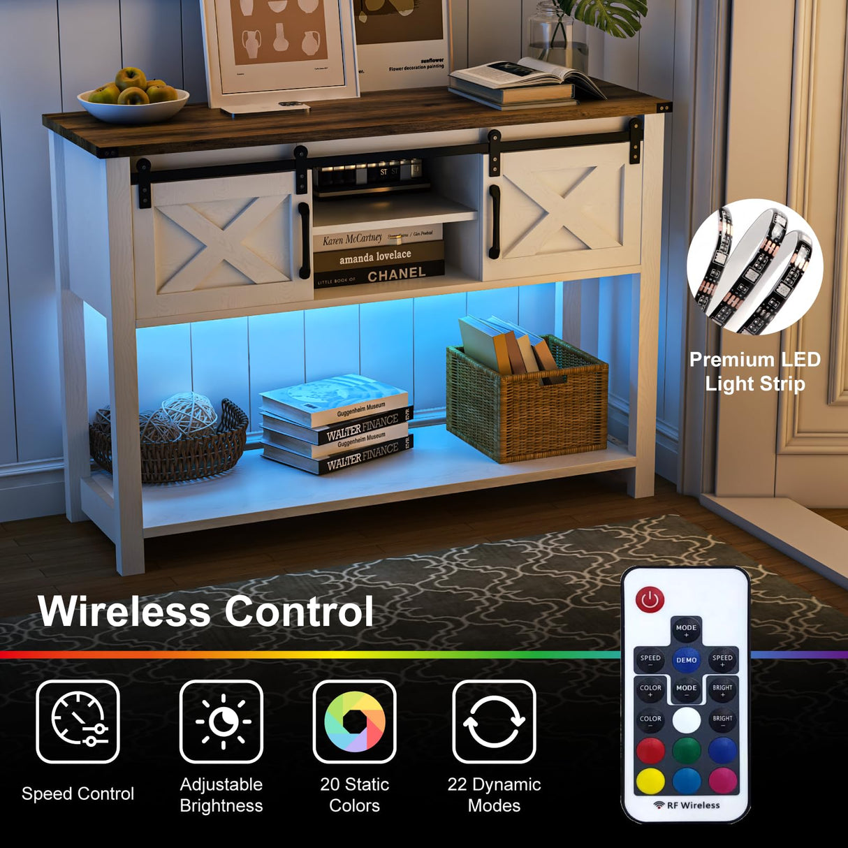 HXBOAUVS Farmhouse Entryway Table with LED Light, Sofa Table with Sliding Barn Door, Adjustable Open Shelves, 46" Rustic Console Table with Storage, Antique White Hallway for Living Room Bedroom HXBOAUVS