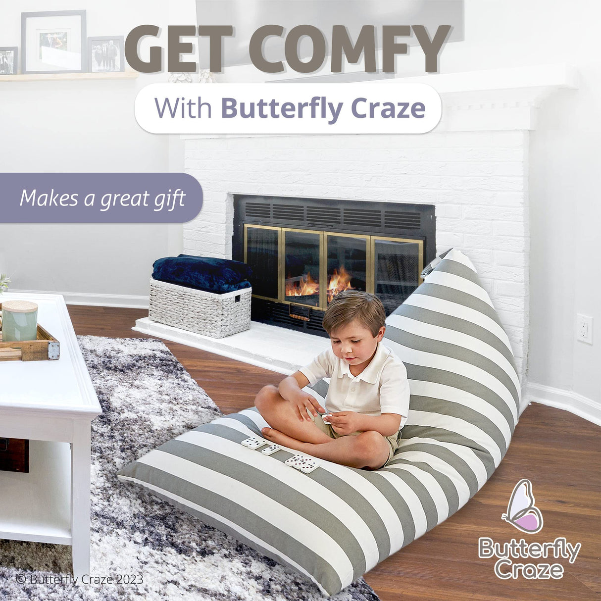 Butterfly Craze Bean Bag Chair Cover, Functional Toddler Toy Organizer, Fill with Stuffed Animals to Create a Jumbo, Comfy Floor Lounger for Boys or Girls, Stuffing Not Included, Grey Stripe Butterfly Craze