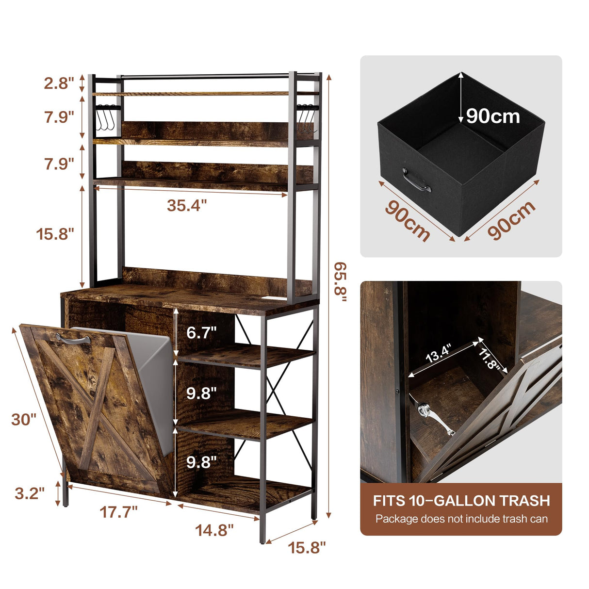 Kitchen Bakers Rack with Storage Drawers and Power Outlet, 65.8”Coffee Bar Cabinet with 6 Hooks, Microwave Stand with Tilt Out Trash Can Cabinet for Dining Room Living Room, Fits 10-Gallon Bins spanspace