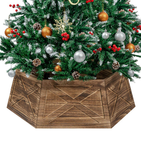 Kriitools Wooden Tree Collar Box,30" Christmas Tree Collar Christmas Decoration,Farmhouse Christmas Tree Skirt,Vintage Weathered Wood Christmas Tree Base Cover 6-Piece,Fit Below 29.5" Stands-Brown Kriitools