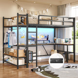 Itaar Twin Loft Bed with L-Shaped Desk, LED Lights and Charging Sation, Loft Bed Twin Size with 3-Tier Storage Shelves and Clothes Rail, Safety Guard & Ladder, No Box Spring Needed, Rustic Brown Itaar
