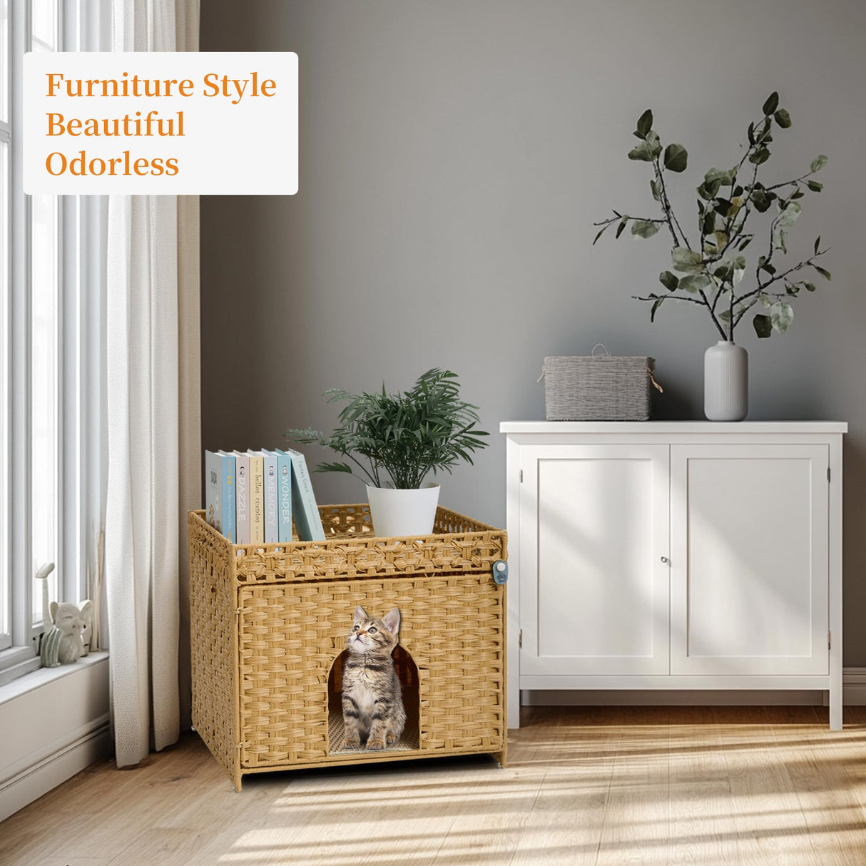 Yilucess Litter Box Enclosure Furniture Hidden with Cat Scratch Pad,Handwoven Rattan Cat House with Large Space,Suitable for Living Room,Bedroom,Corner (Grass Yellow) Yilucess