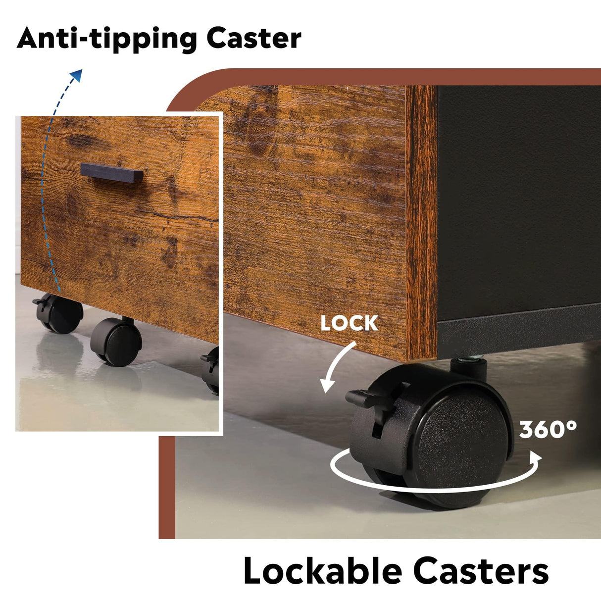 DEVAISE 3 Drawer Rolling File Cabinet with Lock, Wood Filing Cabinet fits Letter / A4 Size for Home Office, Rustic Brown DEVAISE