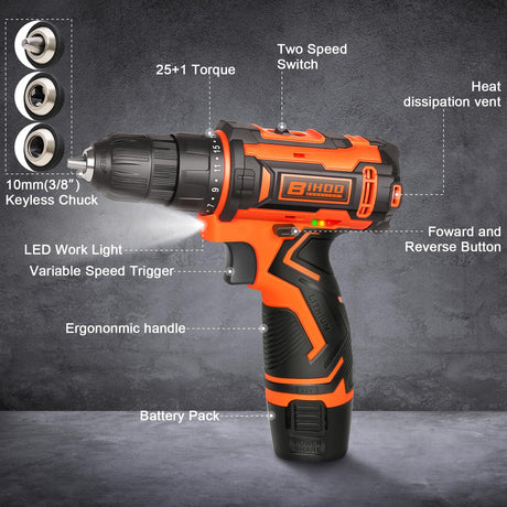 12v Drill Driver Set,Cordless Drill with Battery and Charger,LED Tools Kit,25+1 Torque Setting and 43pcs Bits BIHOO