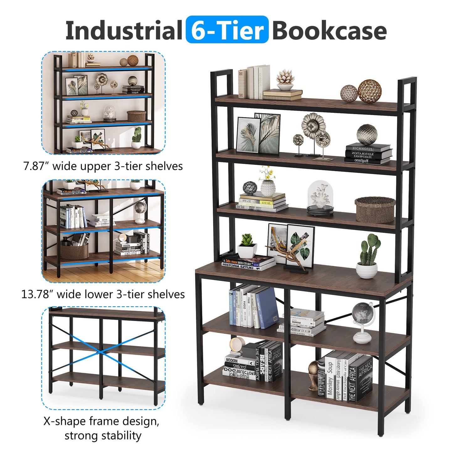 Tribesigns Rustic Brown 6-Tier Industrial Bookshelf with Open Shelves and X-Shaped Frame - WoodArtSupply