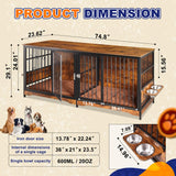 75'' Dog Crate Furniture Large Storage TV Stand with Dual Cushion / 4 Bowls/Double Rooms, Wooden Dog Kennel Dog Crate End Table with Removable Divider for Large Medium Dogs, Rustic Brown NASHZEN