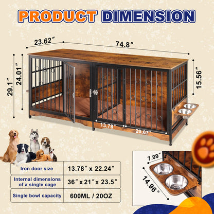 75'' Dog Crate Furniture Large Storage TV Stand with Dual Cushion / 4 Bowls/Double Rooms, Wooden Dog Kennel Dog Crate End Table with Removable Divider for Large Medium Dogs, Rustic Brown