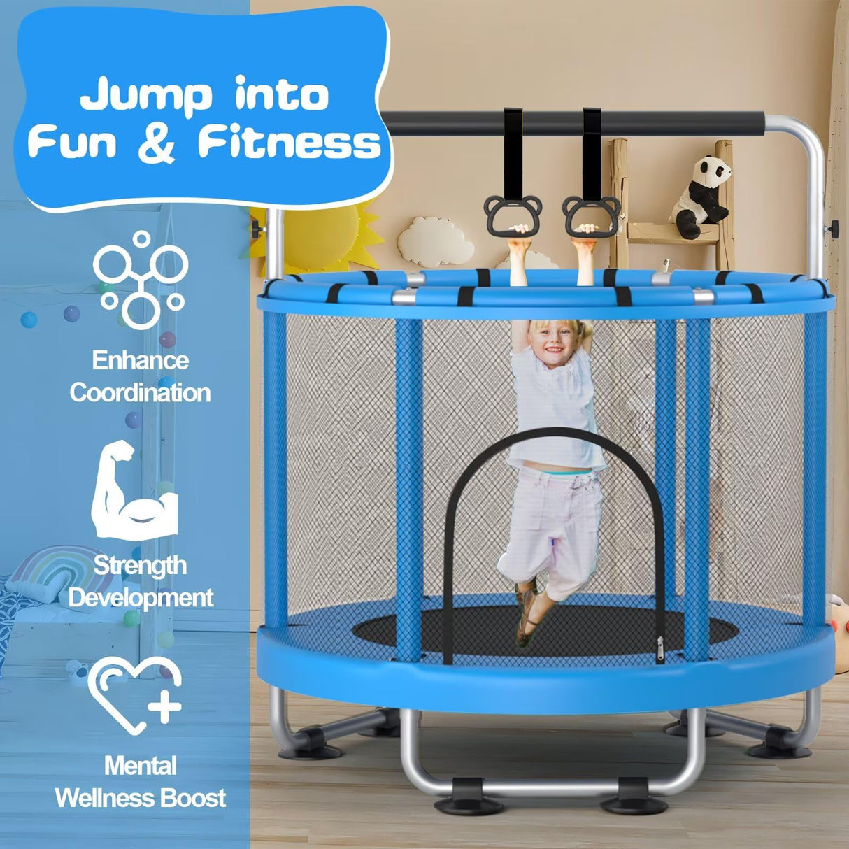 ZCMHAXJ 55" Trampoline for Kids with Enclosure, 440lbs Capacity Indoor & Outdoor Toddler Trampoline with Adjustable Gymnastics Bar & Toys, for Boys & Girls ZCMHAXJ