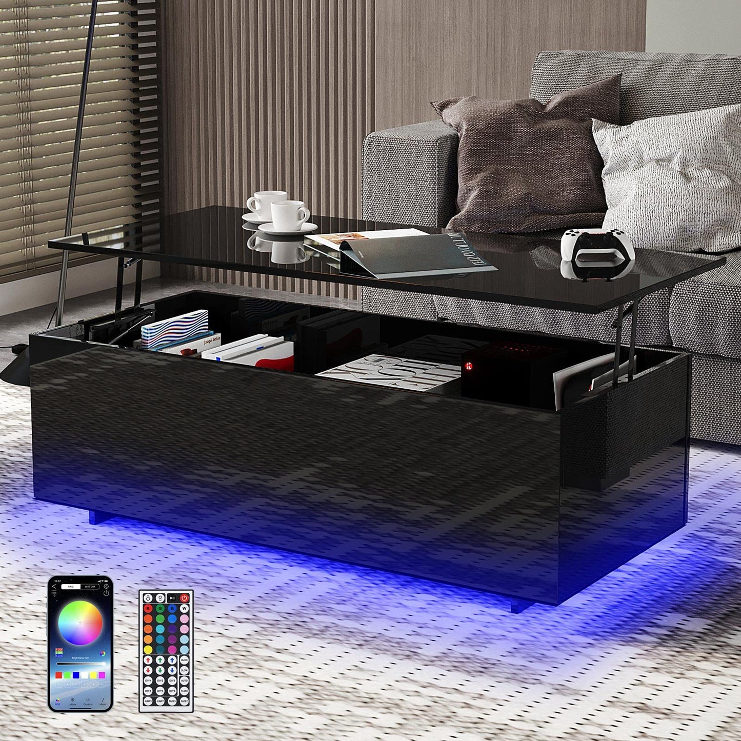 Led Coffee Tables for Living Room - High Gloss Table with Led Lights, 20 Colors Controlled by Remote or App, 47'' Lift Top Coffee Table with Storage Hidden Compartment, Black - WoodArtSupply