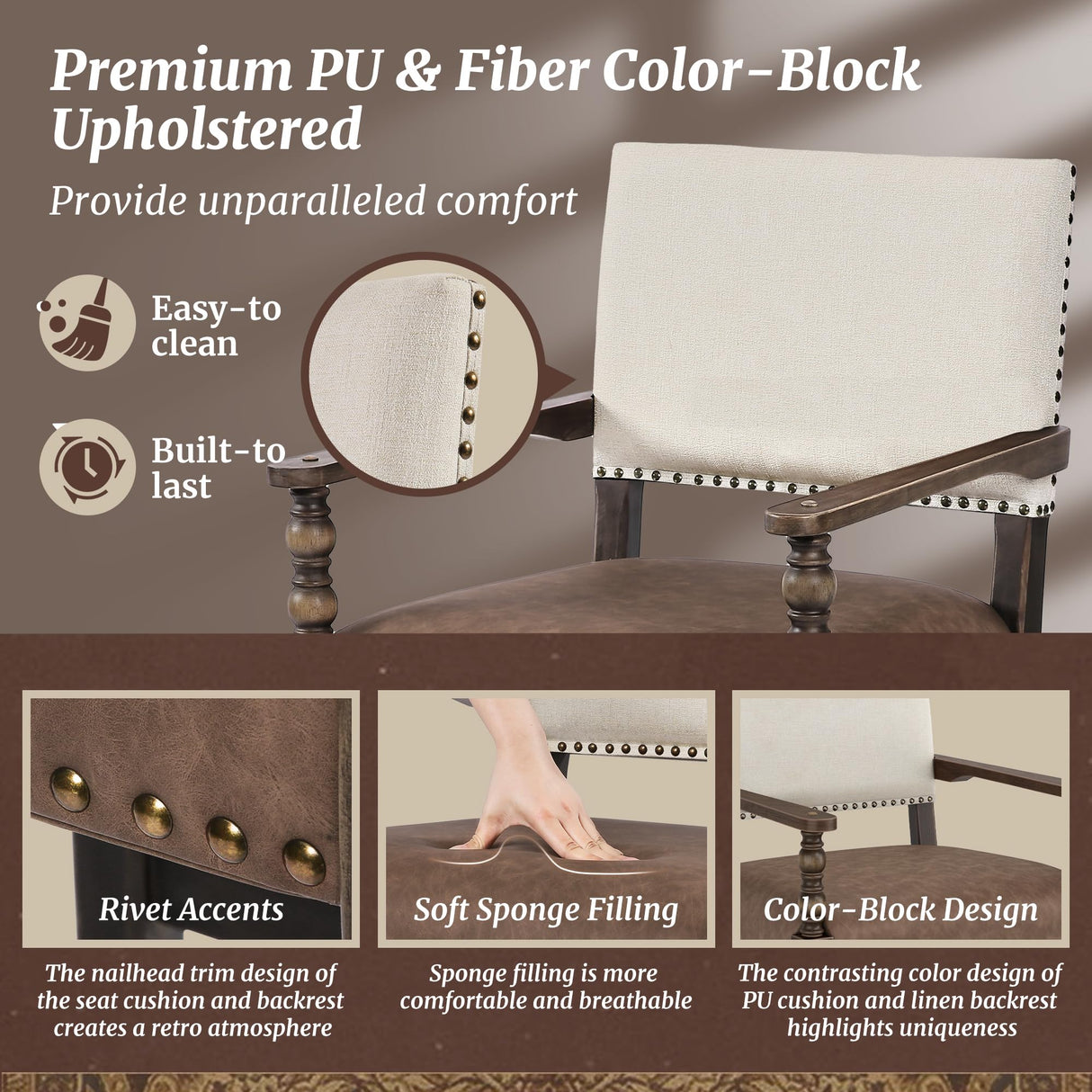 Cozyman Counter Height Bar Stools Set of 4, 26''French Leather Barstools with Arms and Backrest, Counter Stool with Solid Rubberwood Frame, Upholstered Farmhouse Bar Stools, Linen Color-Espresso Cozyman