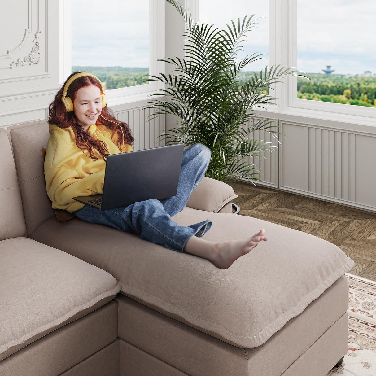 Shintenchi 110" Sectional Couches for Living Room,4 Seat U Shape Modular Couch with Thick Cushion & Soft Backrest,Upholstered Sofa Couch with Double Chaise,Beige Shintenchi