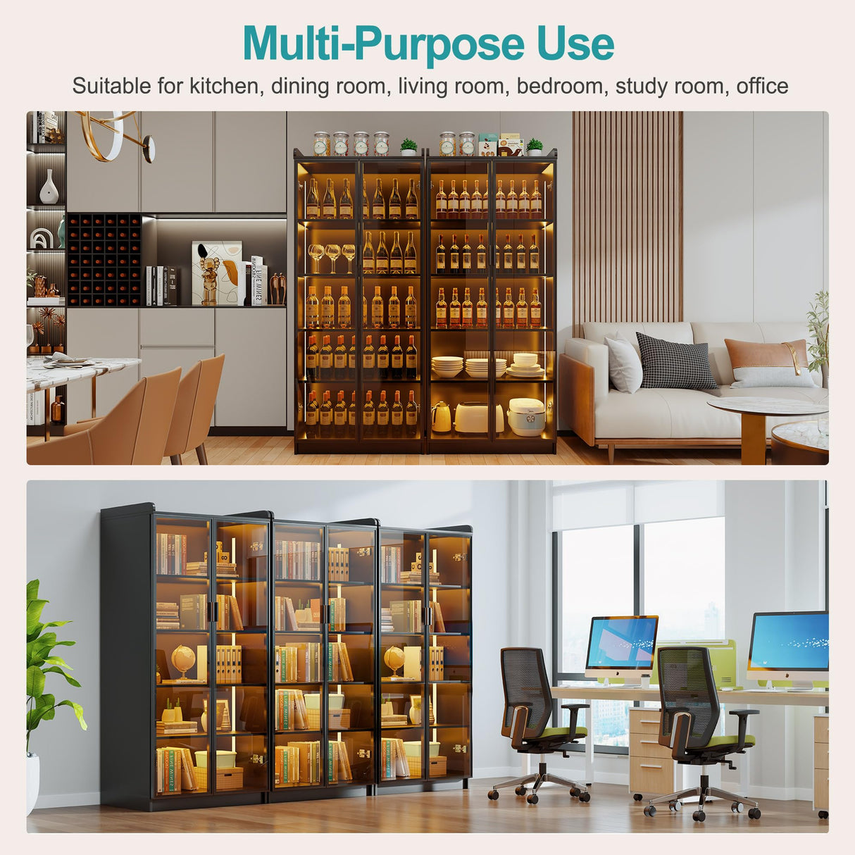 Lvifur Tall Storage Cabinet up to 70", LED Living Room Curio Cabinet with Human Body Induction, 5 Tier Bookcase Display Cabinet with Adjustable Shelves for Office (Black) Lvifur