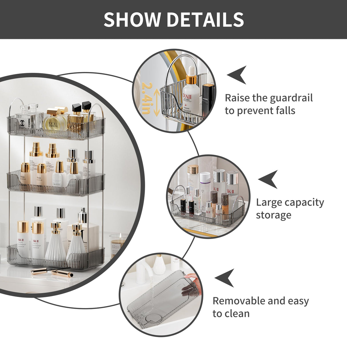 akinbas 3 Tier Bathroom Organizer Countertop Makeup Perfume Tray Skincare Organizer for Bathroom Dresser Vanity (Grey) akinbas