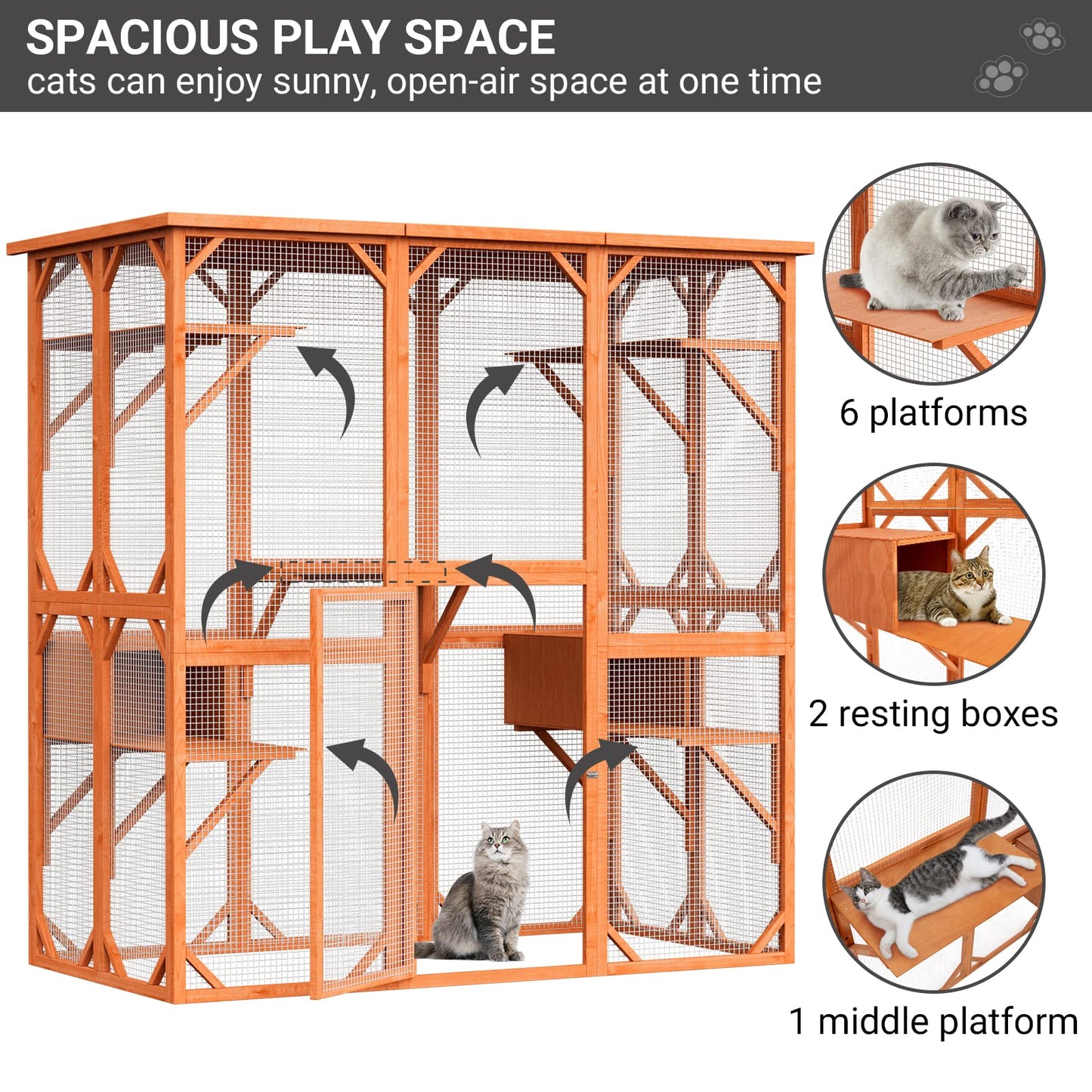 71 Inch Large Outdoor Cat House, Weatherproof Wooden Cats Catio Cat Cage Enclosure with 7 Platform and 2 Small House (Wood)