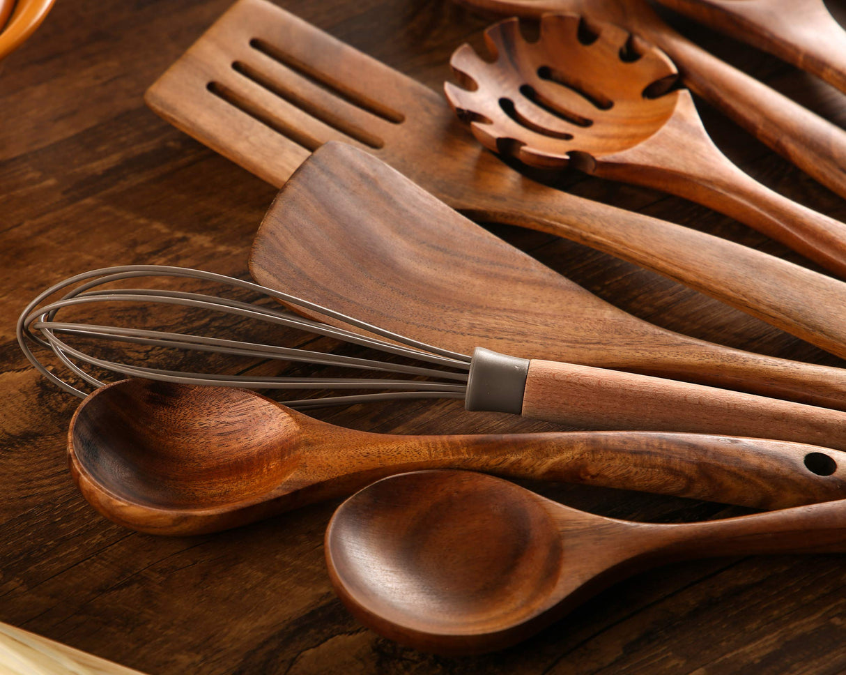 Wooden Spoons for Cooking, 10 Pcs Wooden Utensils for Cooking, NAYAHOSE Natural Teak Wood Spoons, Non-Stick Comfort Grip Kitchen Utensils Set NAYAHOSE