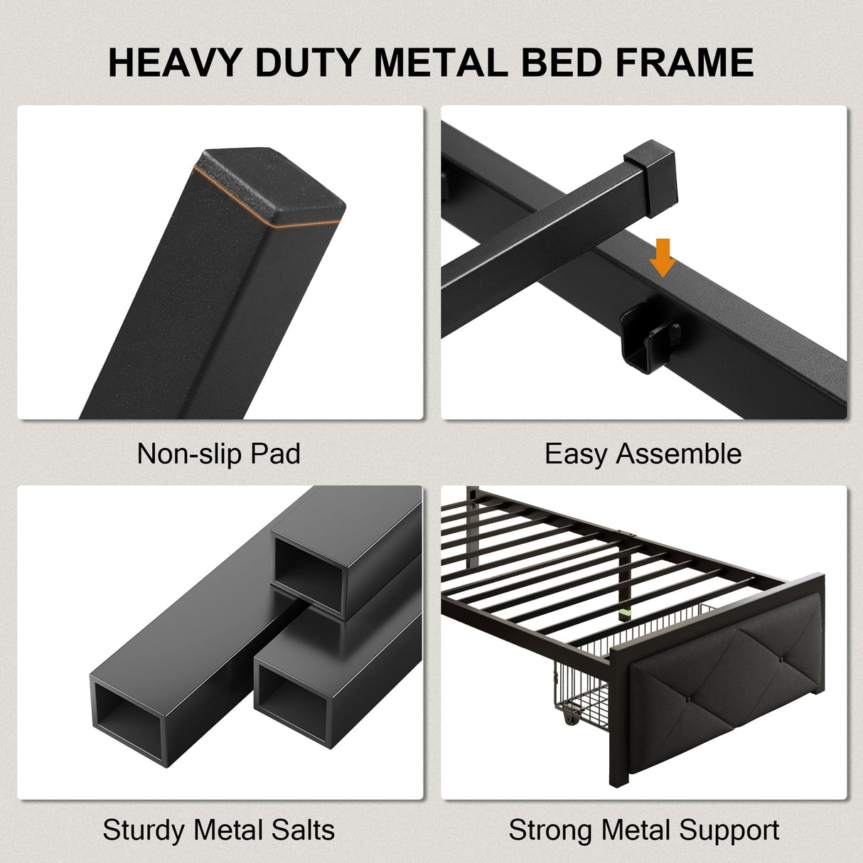 Einhomn Twin Bed Frame with Storage Drawer, Metal Platform Bed with Charging Station, Upholstered Button Tufted Storage Headboard, No Box Spring Needed, Noise-Free, Easy Assembly, Black Einhomn