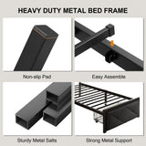 Einhomn Twin Bed Frame with Storage Drawer, Metal Platform Bed with Charging Station, Upholstered Button Tufted Storage Headboard, No Box Spring Needed, Noise-Free, Easy Assembly, Black Einhomn