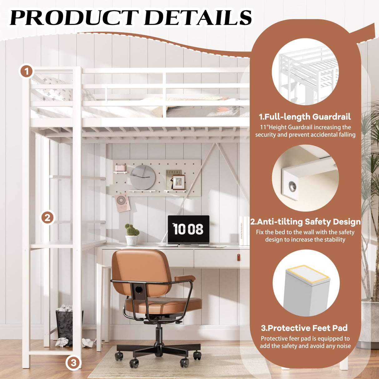 Shintenchi Twin Size Loft Bed with Desk, Metal Frame with 2 Side Ladders, Storage Shelves, Safety Guardrail, Noise Free & Anti-Tilt Design, Space-Saving for Kids/Teens/Adults, White Shintenchi