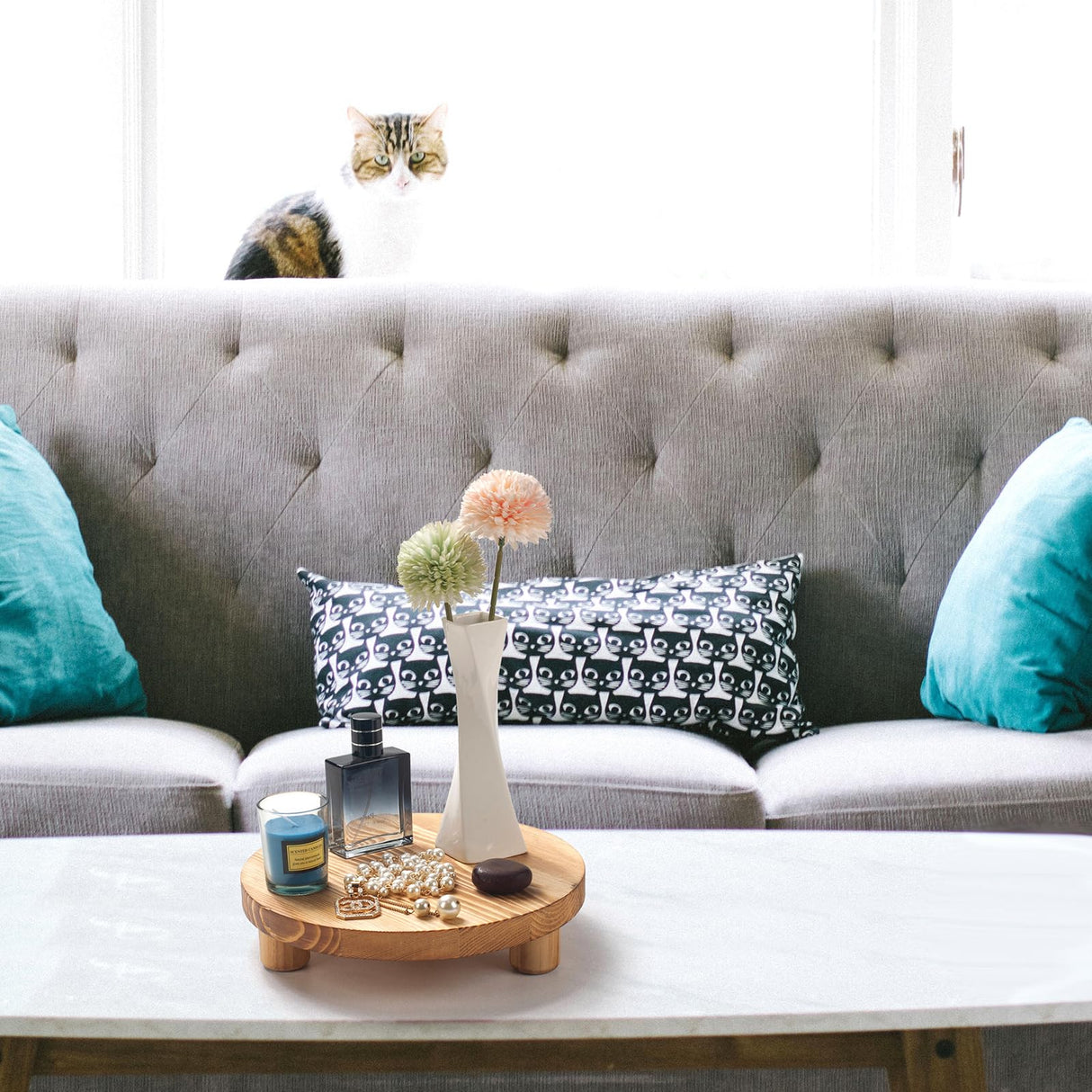 DEAMACE Wood Riser for Decor, 2 Pack Wood Pedestal Stand for Display, Round Wooden Tray for Kitchen Counter, Wooden Pedestal Stand for Plant Pot Indoor DEAMACE