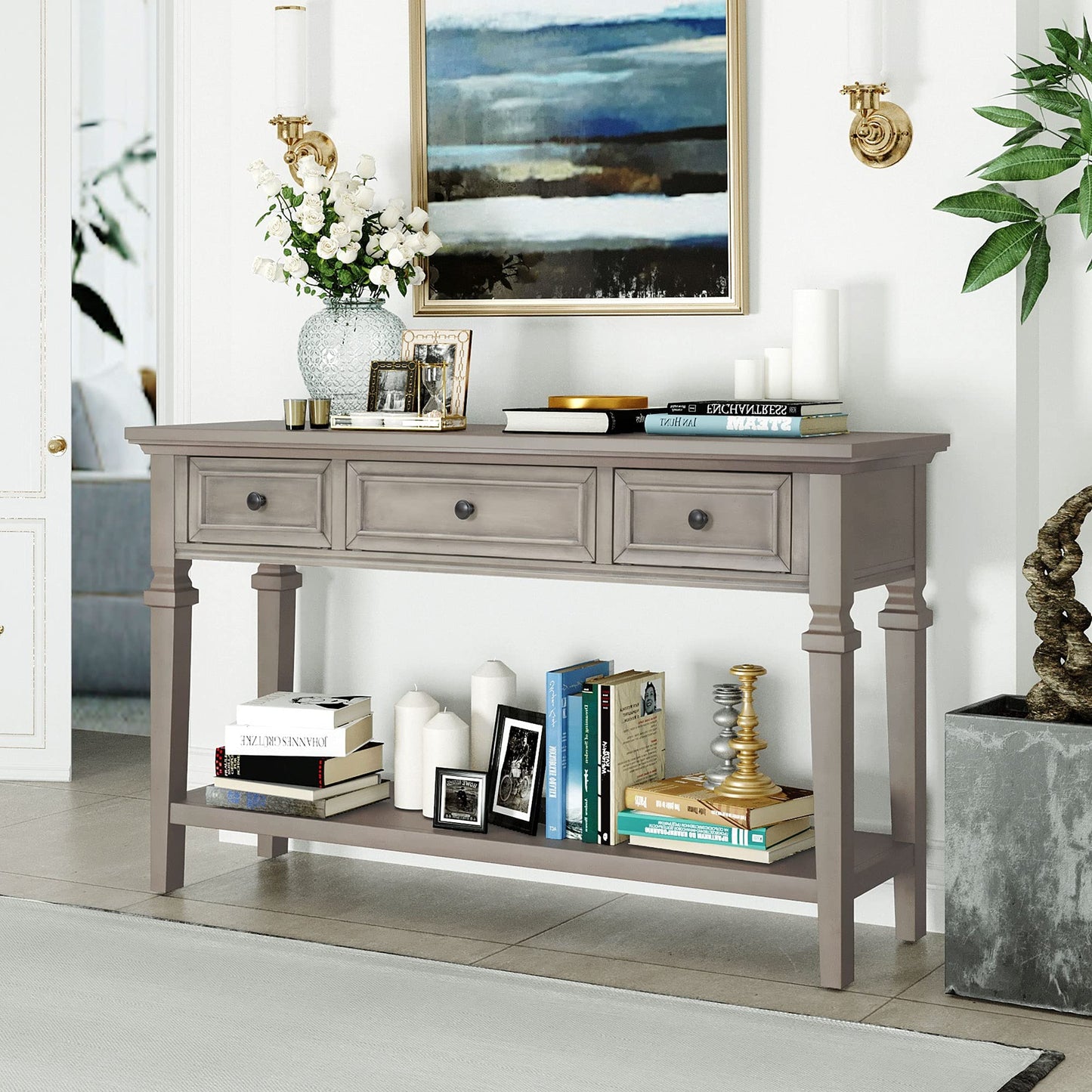 50" Small Entryway Console Table with 3 Storage Drawers and Bottom Shelf, Retro Sofa Table Hallway Table with Pine Wood Frame and Legs (Gray Wash)