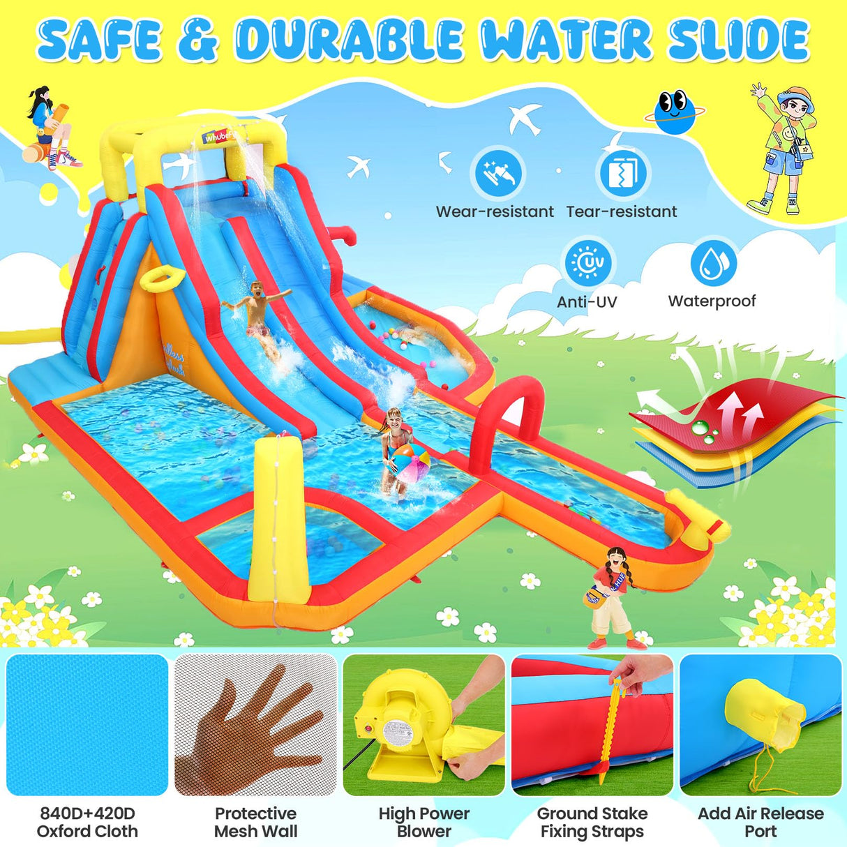 Whubefy Extra Large Inflatable Water Slide, 18X14 Ft Bounce House for 5-12, 840D+420D Oxford Fabric, Long Slide/Splash Pool/680W Blower/10 Accessories, Suitable for 10 Kids, Backyard Summer Fun Whubefy
