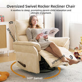Rhevoy Oversized Recliner Chair, 26" Extra Wide 360° Swivel Rocker Recliner with Adjustable Headrest, Chenille Glider Rocking Nursery Chair with Overstuffed Armrest, Lumbar Support, Beige Rhevoy