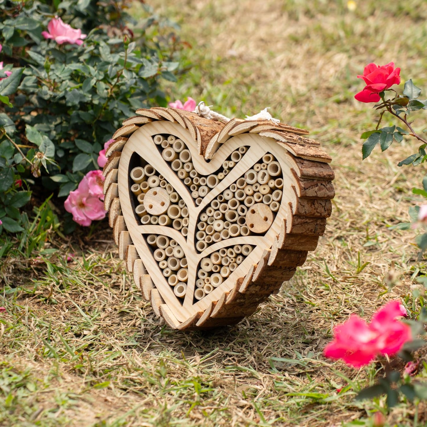 Execabe Mason Bee House, Heart-Shaped Wooden Bee House with Bamboo Tubes, Nesting Aid for Wild Bees, Natural Hanging Habitat for Pollinators, Increases Productivity in Your Garden - WoodArtSupply