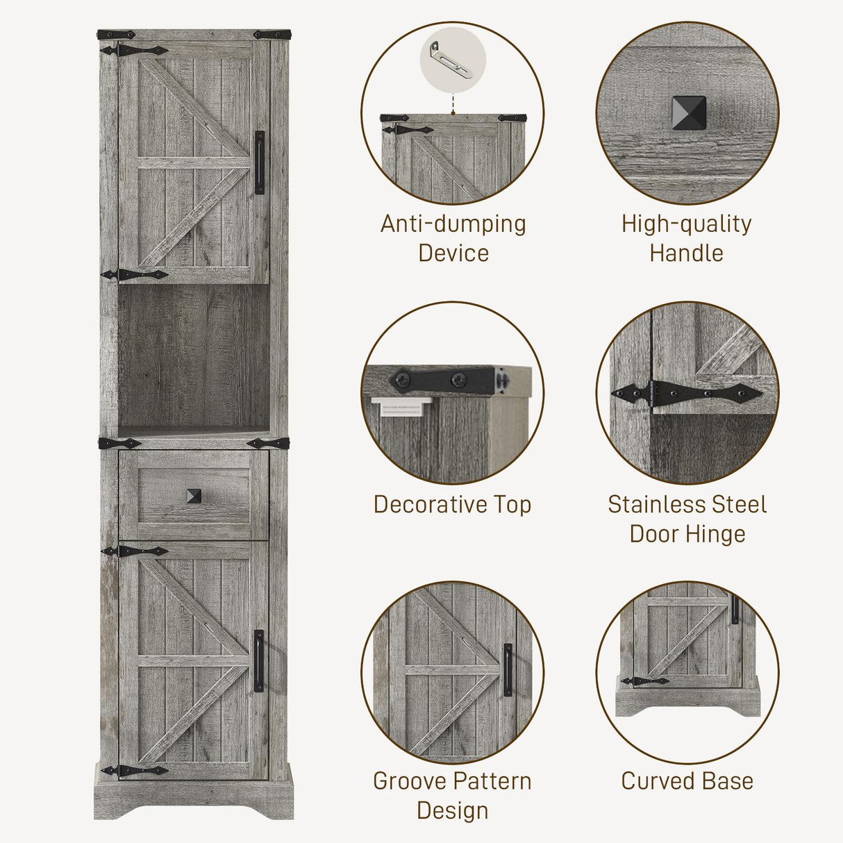 66" Tall Farmhouse Bathroom Storage Cabinet with Barn Doors and Drawer, Narrow Storage Unit, Adjustable Shelves & 5-Tier Space, Freestanding Cabinet for Bathroom, Entryway, Kitchen, Wash Grey Vabches