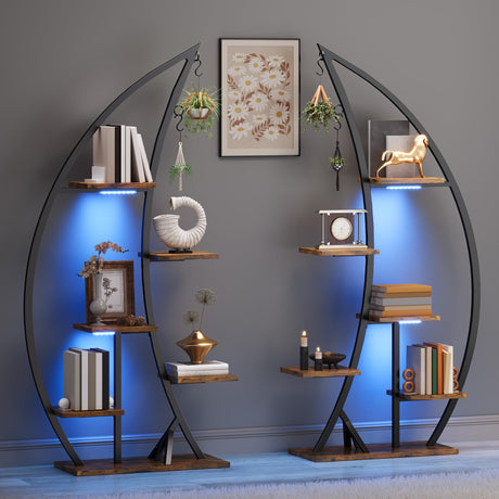 YITAHOME Tall Bookshelf with LED Light, Artistically Designed Crescent-Shaped Bookshelf with 10-Tier Shelves, Corner Bookcase Open Display Rack for Home Office, Bedroom YITAHOME
