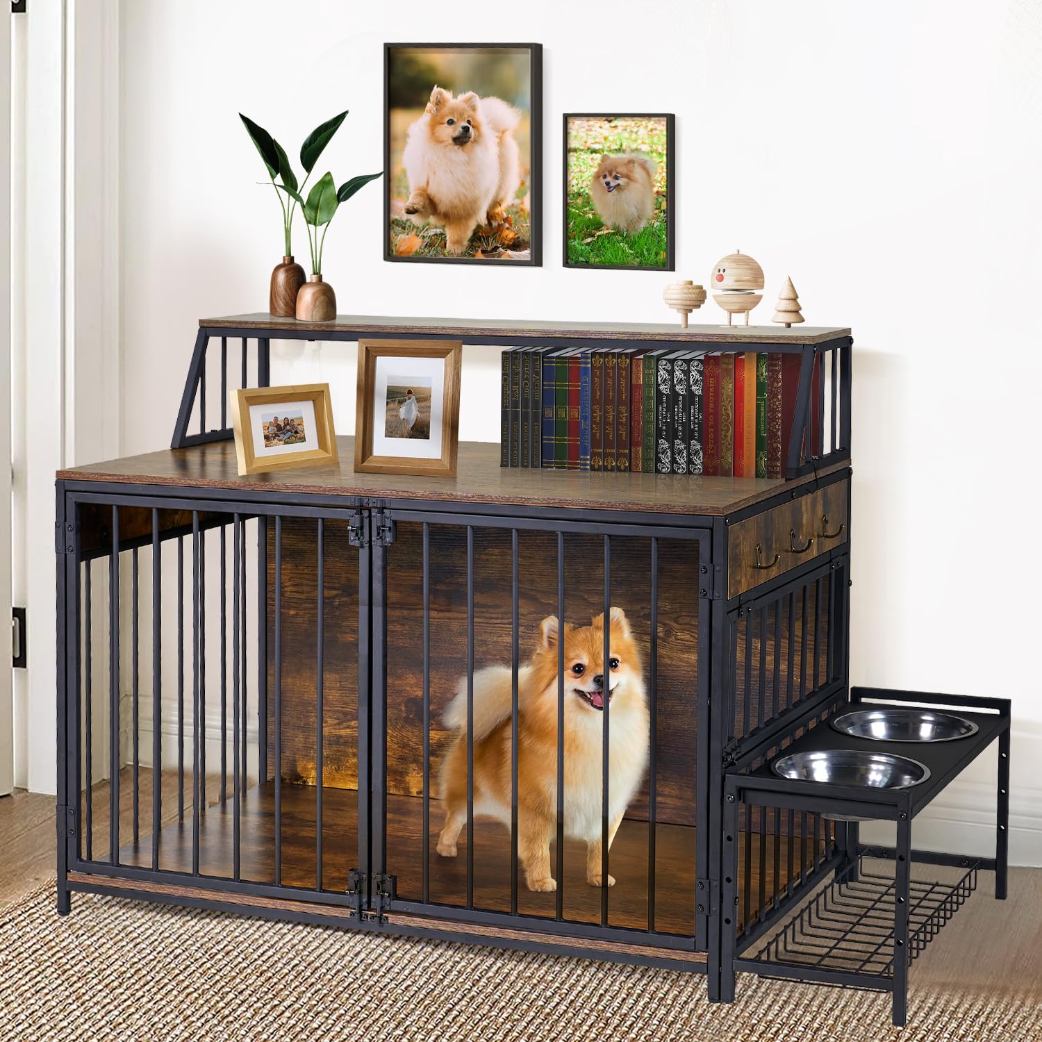 LitaiL Large Dog Crate Furniture with Elevated Dog Bowls, 39 Inch Wooden Dog Kennel with 3 Doors & 2-Layer Storage Shelves, Anti-Chew Heavy Duty Dog Cage for Dogs up to 70lb, Rustic Brown - WoodArtSupply