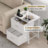Vagusicc Nightstand Set of 2 with Charging Station, End Table Bedside Table with Power Outlet & USB Ports, Side Table with 2 Fabric Drawers for Bedroom, Living Room, White Vagusicc