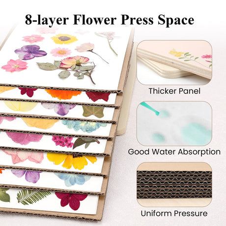 Aboofx Flower Press Kit, Craft Kits 8.6"x6.5" 8 Layers Wooden Flowers Pressing Kit for Crafts Pressed Flowers and Plant for DIY Art, Preservation for Bookmark Frame Wedding Flower Drying Aboofx